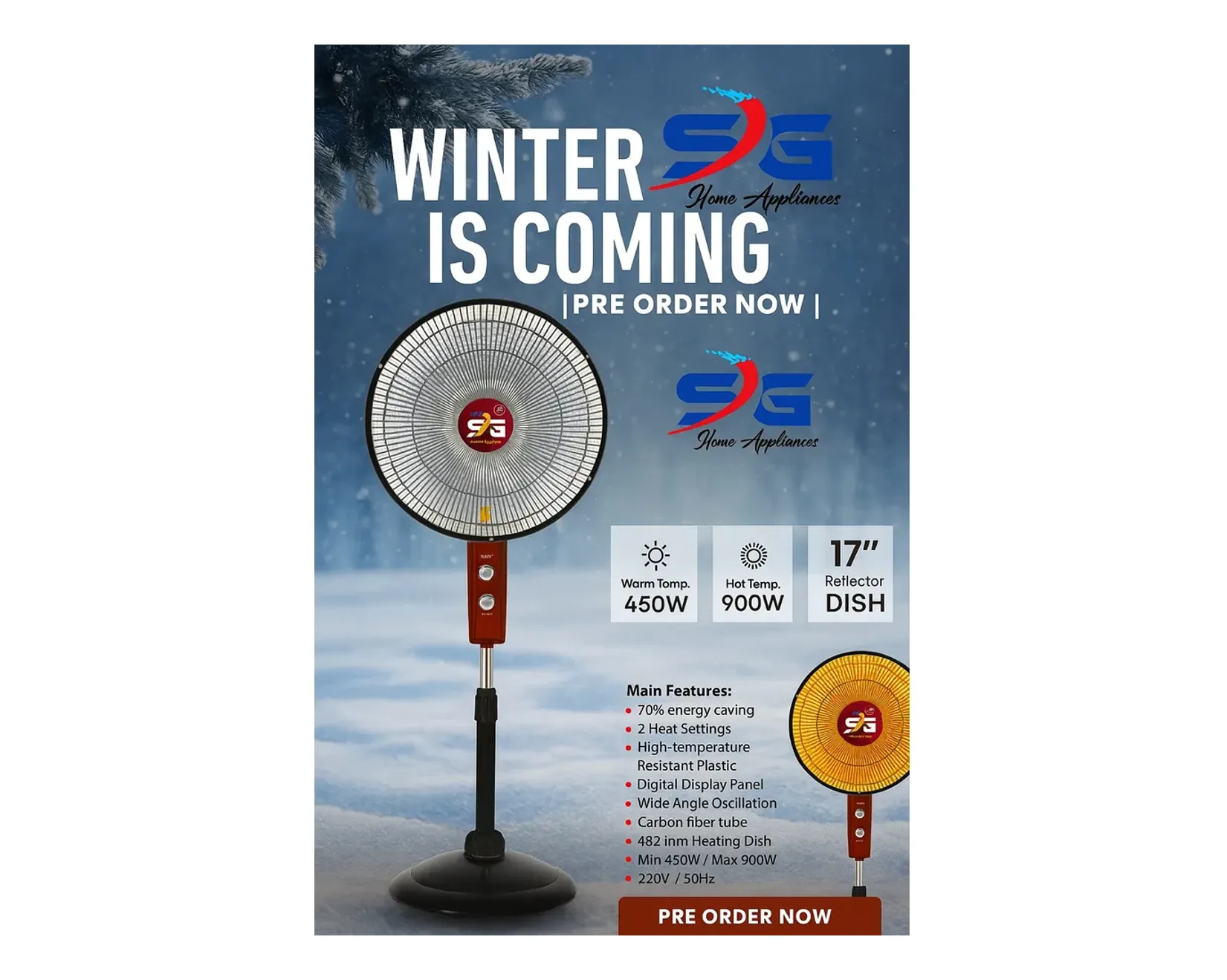 SG-06 oscillating halogen stand heater 17 inch 450 900 watt